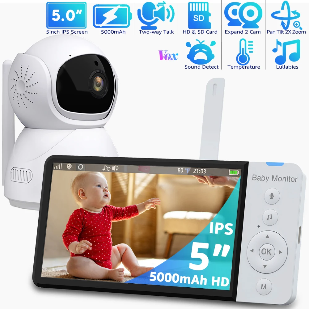 

5"HD Baby Monitor with Camera 5000mAh Battery IPS Screen BabyPhone Nanny PTZ Camera Babysitter 2-way Audio VOX Lullaby SD Card