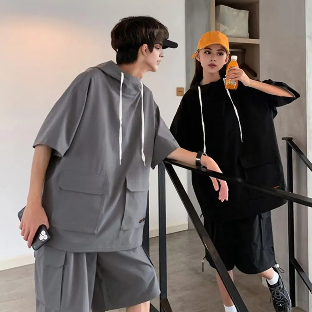 

Short Sleeve T-shirt Elastic Waist Pants Hooded T-shirt Drawstring Shorts Set for Unisex Loose Fit Outfit with Wide Leg Shorts
