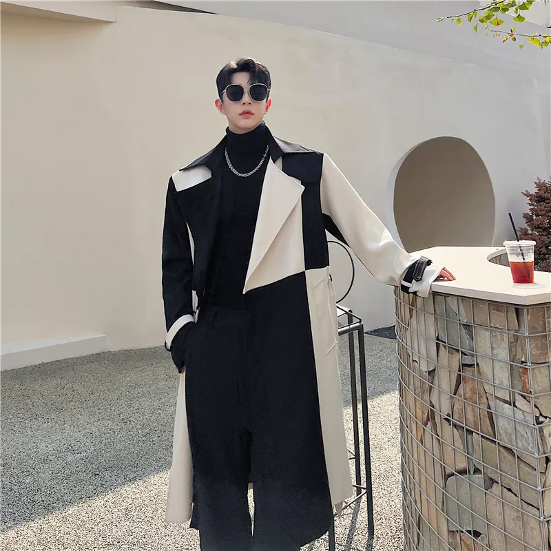 Autumn Winter Korean Fashion Contrast Color Long Trench Coat Mens High Quality Casual Long Jackets Gabardina Hombre