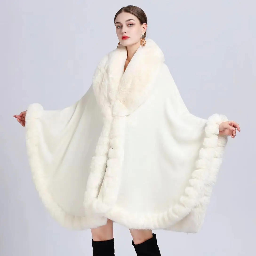 

2022 Autumn and Winter New Imitation Rex Rabbit Fur Collar Shawl Cloak Large Size Knitted Cardigan Loose Coat Women