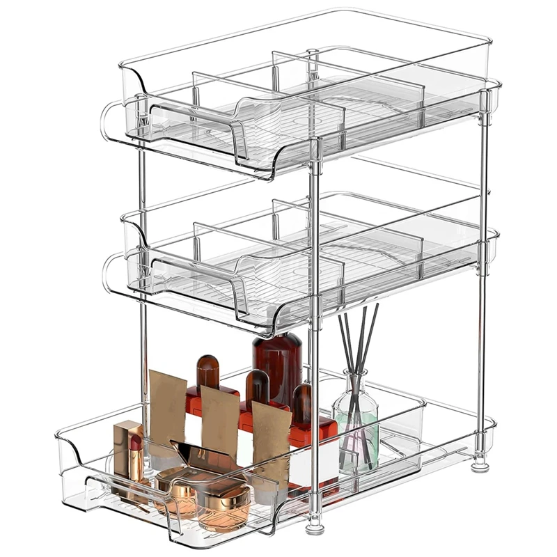 

Прозрачный выдвижной Органайзер уровня с 3 шт. контейнеров для хранения, многофункциональный выдвижной контейнер для хранения, легко использовать для ванной и кухни