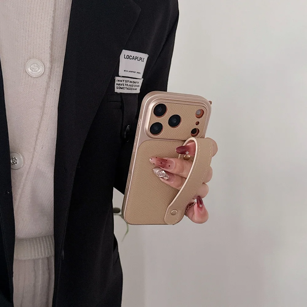 Matte PU Leather Wrist Strap Phone Case with Hand Band Holder and Shockproof Texture Cover
