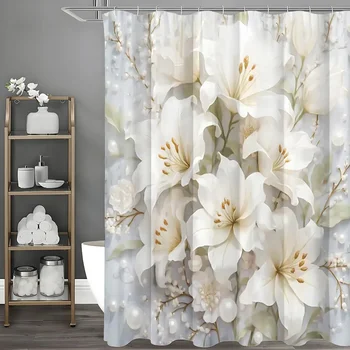 White Floral Pearl Shower Curtain, Bathroom 1