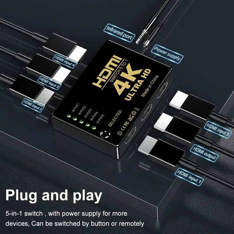HDMI Switcher 4K 5x1 3x1 1080P HDMI Video Switch Selector Box 5 in 1 out With Remote Controlle for PC Loptop Xbox TVBOX HDTV PS5 hdmi switch