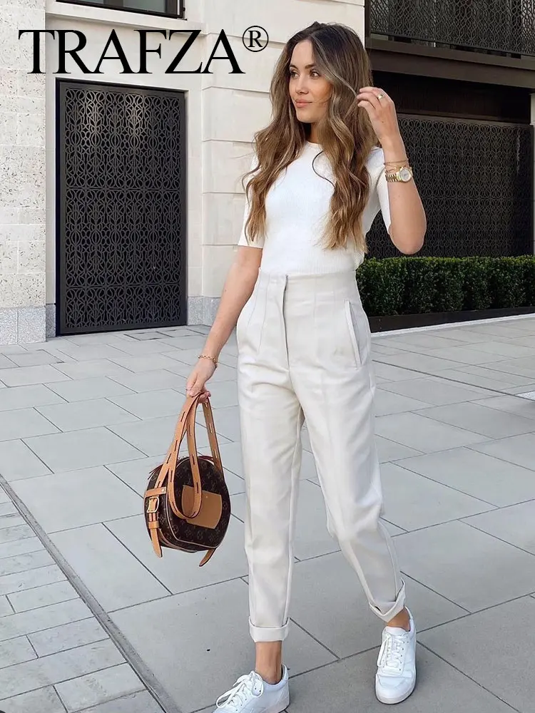 TRAFZA Women Elegant Solid Pencil Pants High Waist Pant For Women Casual Streetwear Woman Trousers Office Wear Chic Pant 2