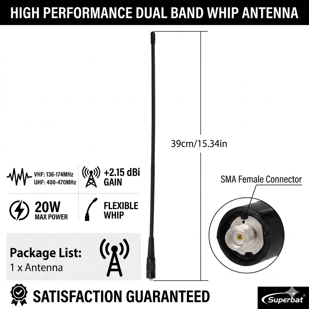 Superbat 2.15dbi 듀얼 밴드 유연한 휩 안테나 136-174/400-470MHz SMA 암형(바오펑 UV-5R BF-F8HP 888S Retevis RT-5R용)