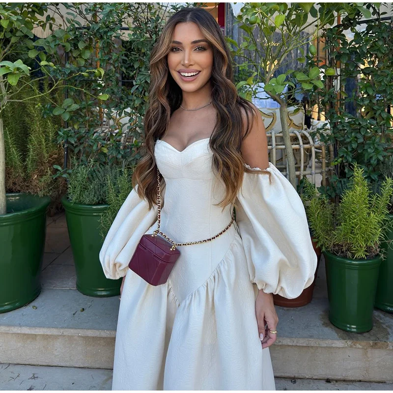Elegant Puff Sleeve Sling Dresses Women Retro White Slim Fit Tube Dress Female Autumn Summer Versatile Street Party Evening