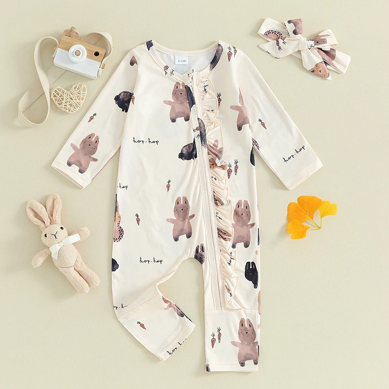 

2023-12-04 Lioraitiin Cute Baby Girl Easter Outfit Long Sleeve Bunny Carrot Romper Jumpsuit Ruffle Zipper Infant Rabbit Clothes