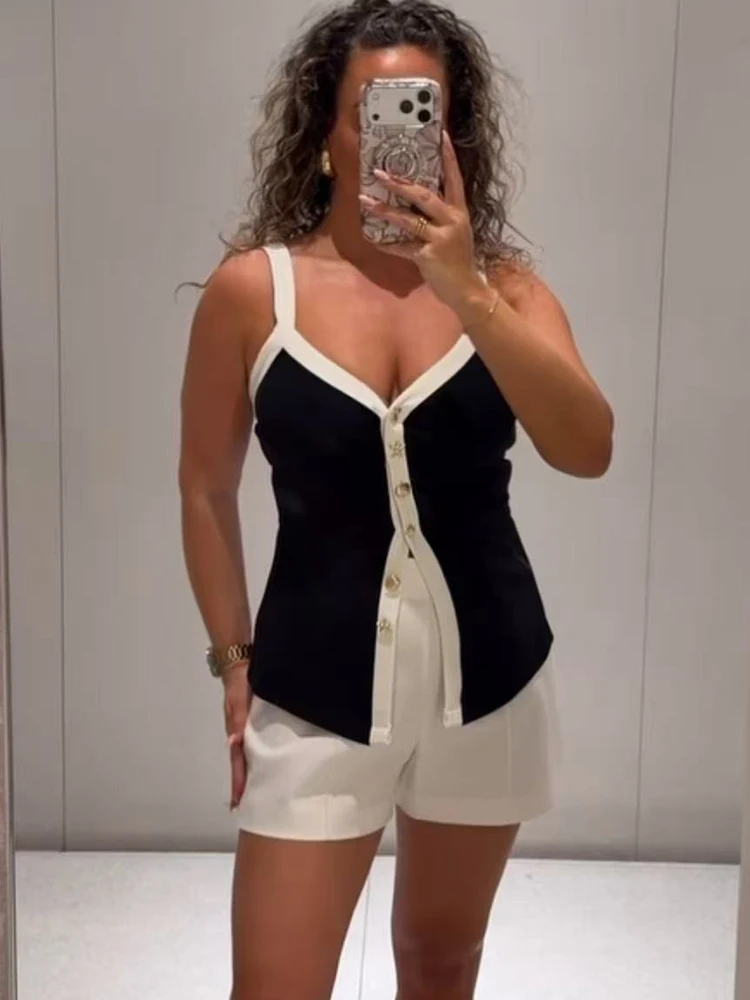 Neues Sommer-Trägertop für Damen, modisch, farblich abgesetzt, ärmellos, V-Ausschnitt, Trägerweste, sommerlich, schick, mit Knopfverzierung, High-Street-Top