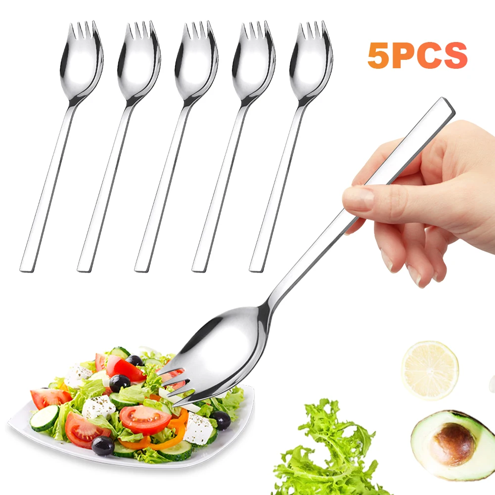 Spork Stainless Steel Spoon Fork Cutlery 5Pcs Long Handle Portable for Dessert Ice Cream Salad