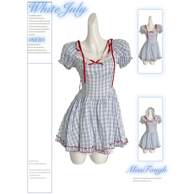 

Мини-платье женское шифоновое в клетку, милое приталенное пляжное, с коротким рукавом и пушистым кружевом, с бантом, в японском стиле