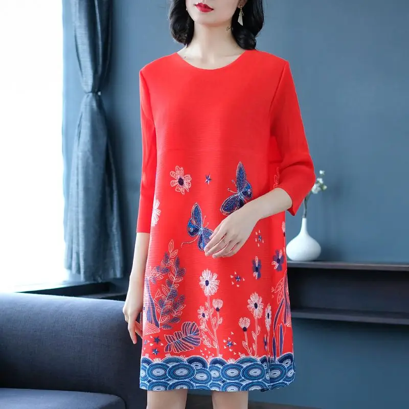 

European Station Loose Fashion Print Three Quarter Sleeve Dress Women 2023 Summer New Rugged O Neck Slim Dress Female Tops