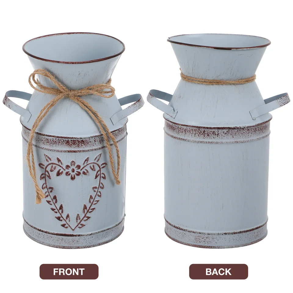 Brocca In Metallo Vintage Con Cuore E Corda - Vaso Rustico In Lamiera Zincata Per Decorazioni Matrimonio E Casa, 10x21 Cm