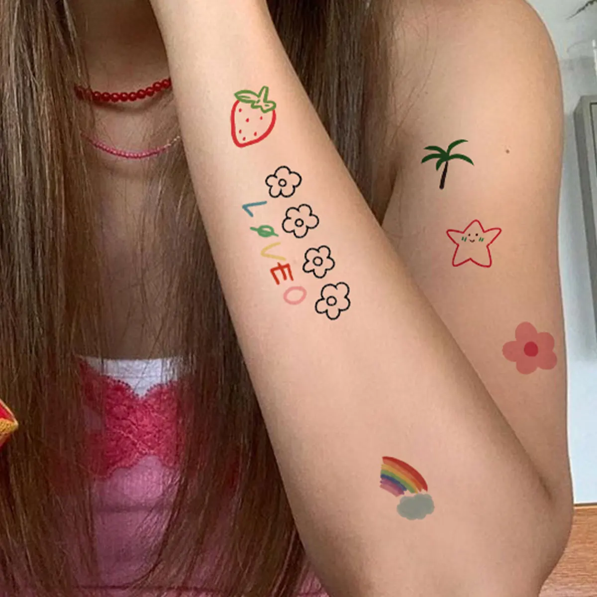 6pcs New Cartoon Pattern Colored Flower Heart Temporary Tattoo Stickers Waterproof Magic Tattoo Disposable Tattoo Stickers 3