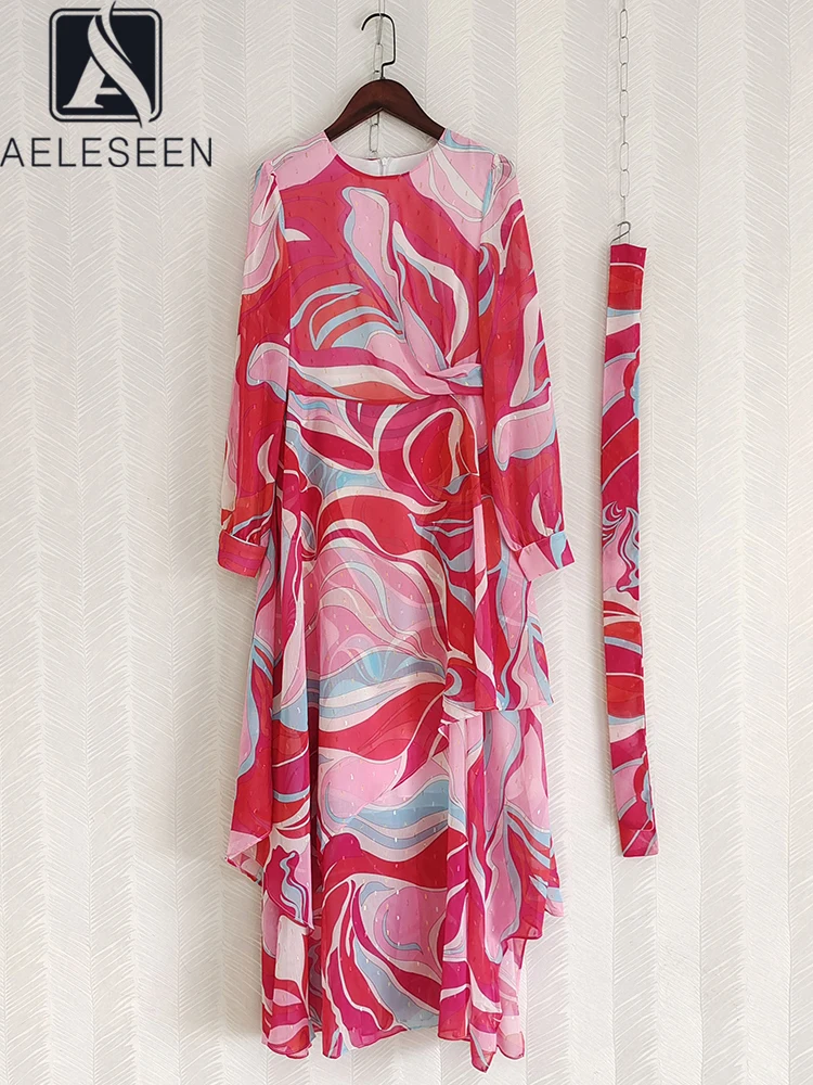 

AELESEEN Bohemian Summer Irregular Dress Women Design Fashion Full Sleeve Contrast Color Print Belt Ruffles Elegant Party