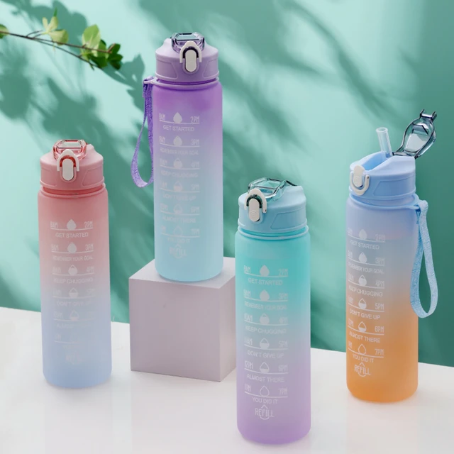 3pcs/set Large Capacity Water Bottle Straw Cup Gradient Color Plastic Water  Cups With Time Marker Fitness Sports Bottle Kettle - Water Bottles -  AliExpress