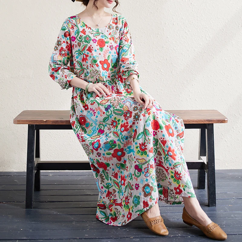

NYFS 2023 Autumn New Vintage Print Womens Dresses Vestidos Robe Ete Femme Elbise Loose Cotton Linen Long Dresses
