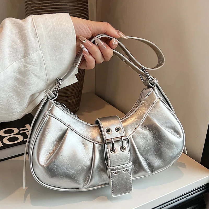 Leather Crossbody Bag Y2K for Women Clutch Purse with Adjustable Strap Hobo Bag Buckle Underarm Purse for Travel Work Shopping 5