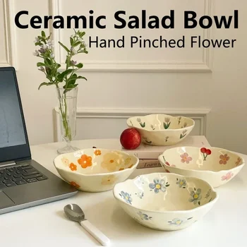 1 pz insalatiera in ceramica pizzicata a mano irregolare ins stile coreano crema giallo yogurt ciotola farina d'avena piatti colazione ciotola di fiori 1