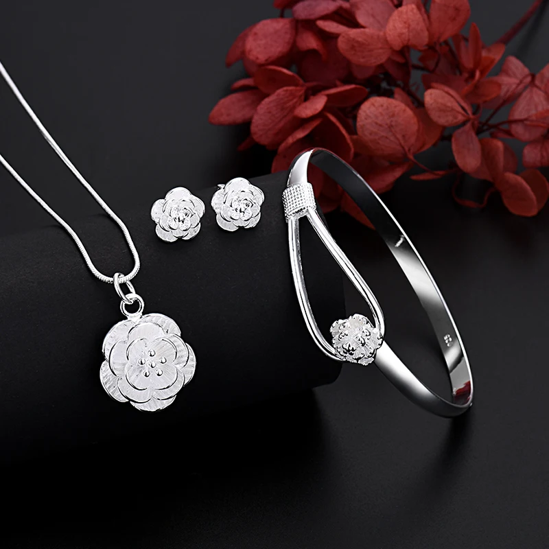 

JewelryTop Fine 925 Sterling Silver Charm Flower Necklace Earring Bangle Jewelry for Women Retro Set Wedding Gift TRENDY