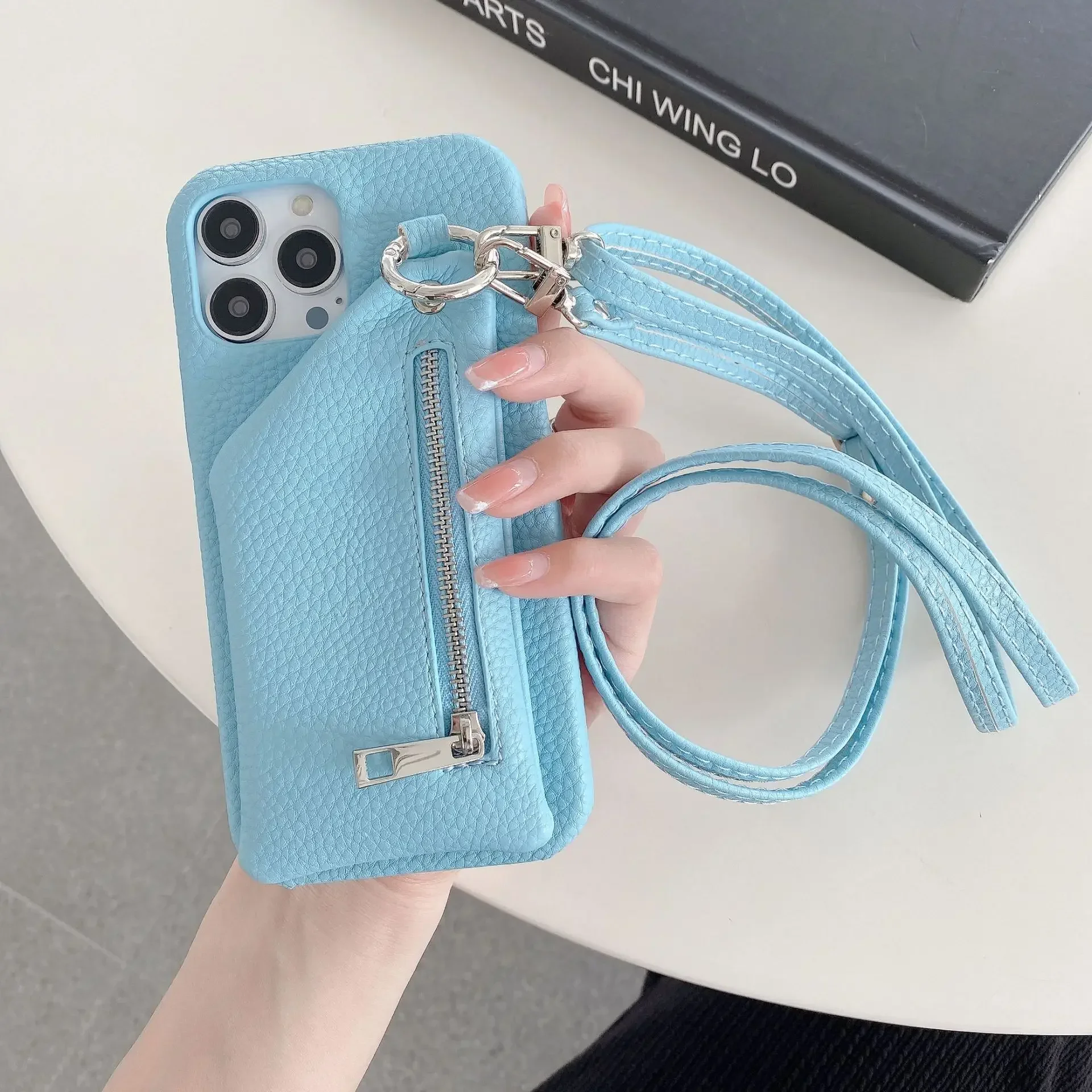Zipper Wallet Crossbody Lanyard Phone Case with Card Pocket and Coin Purse in Leather