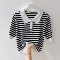 Ice Silk Mid-sleeved Women's Sweater Summer Short Striped Lapel Fashionable High-end Shirt Polo Shirt T-shirt Top - Image 2