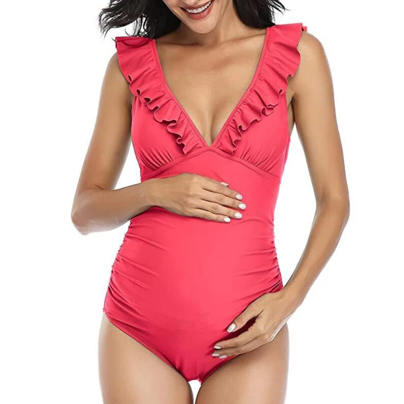Maternity Swimsuit One Piece Ruffle V Neck Swimwear Lace Up Back Bathing Suit Monokini Maternity Beach Bikini SPA