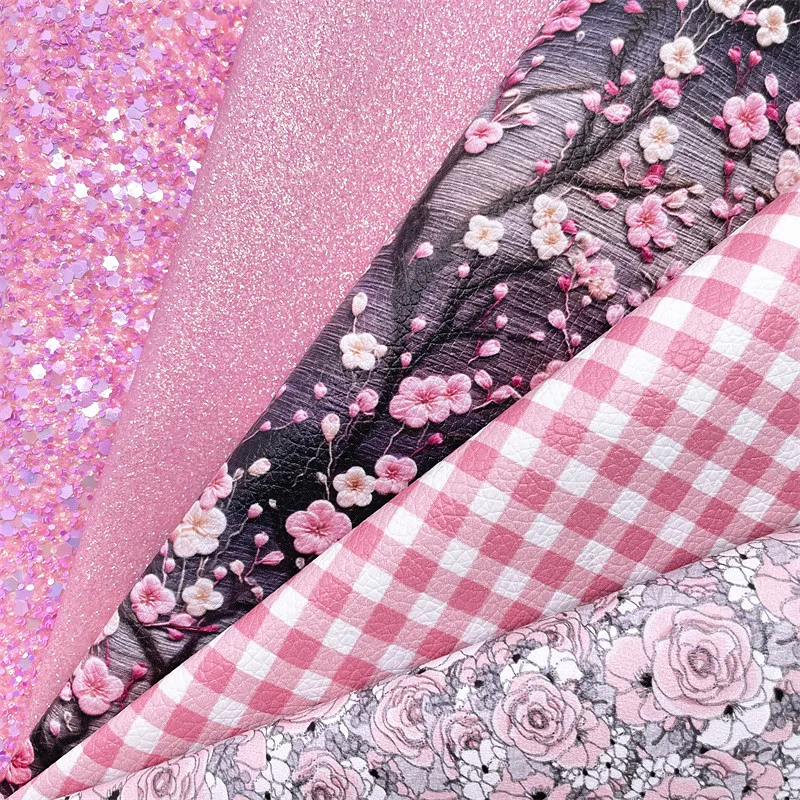 Checkers Roses Sakura Flowers Printed Synthetic Leather Vinyl Leather Pink Glitter For Bow Earrings DIY 21X29CM or 30x134cm W753