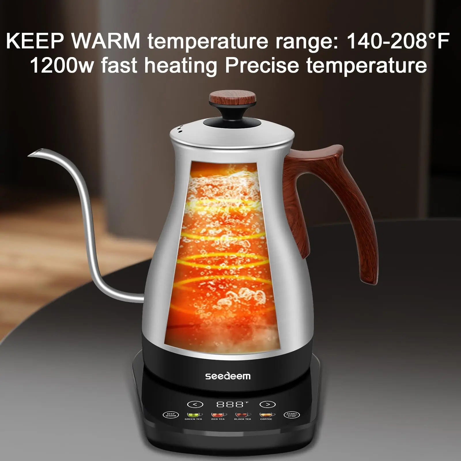 Gooseneck Electric Kettle 1200W Electric Tea & Coffee Kettle with Four Heating Modes Rapid Heating,±1℉ Temperature Control, 3