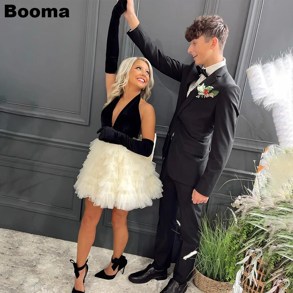 

Booma Black and White Mini Prom Dresses Velour and Tiered Tulle Wedding Party Dresses V-Neck Evening Cocktail Dresses for Women