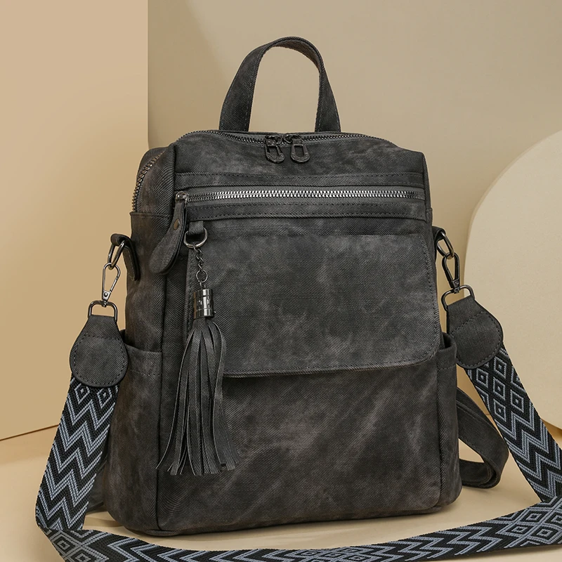 Retro women's backpack, multi compartment, tassel style, suitable for daily work and travel, multifunctional shoulder bag