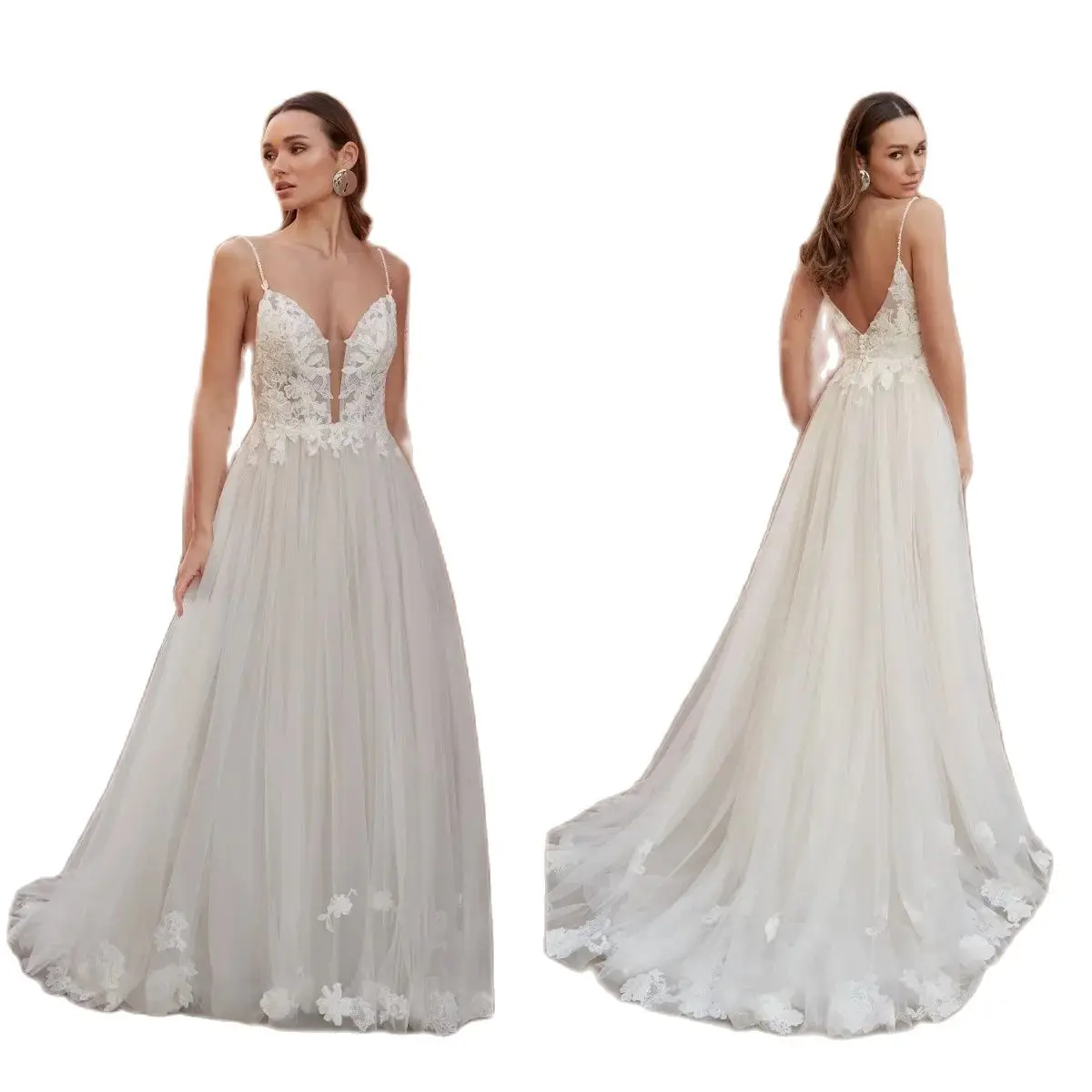 

Fairy Tulle Wedding Dresses for Bride Lace Appliques Vestidos Novia Women Spaghetti Straps Party Guest Gown Boho Rode De Moriee