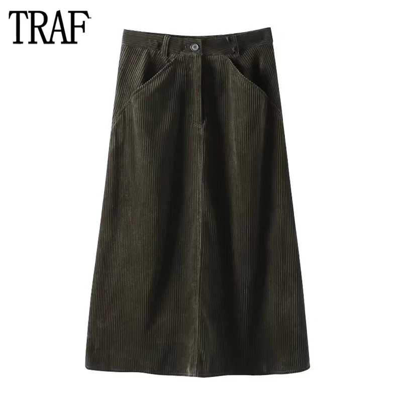 

TRAF 2024 Corduroy Long Skirts for Women Green Flare Midi Skirt Women Office Mid Rise Skirts Woman Winter Basic Women's Skirts