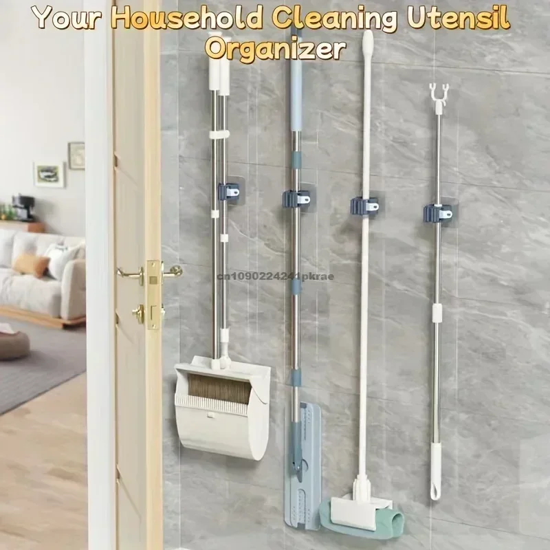 Mop Storage Rack Bathroom Suction Hanging Pipe Traceless Mop Clip Broom Hanger Wall-Mounted Waterproof Rack mop storage rack