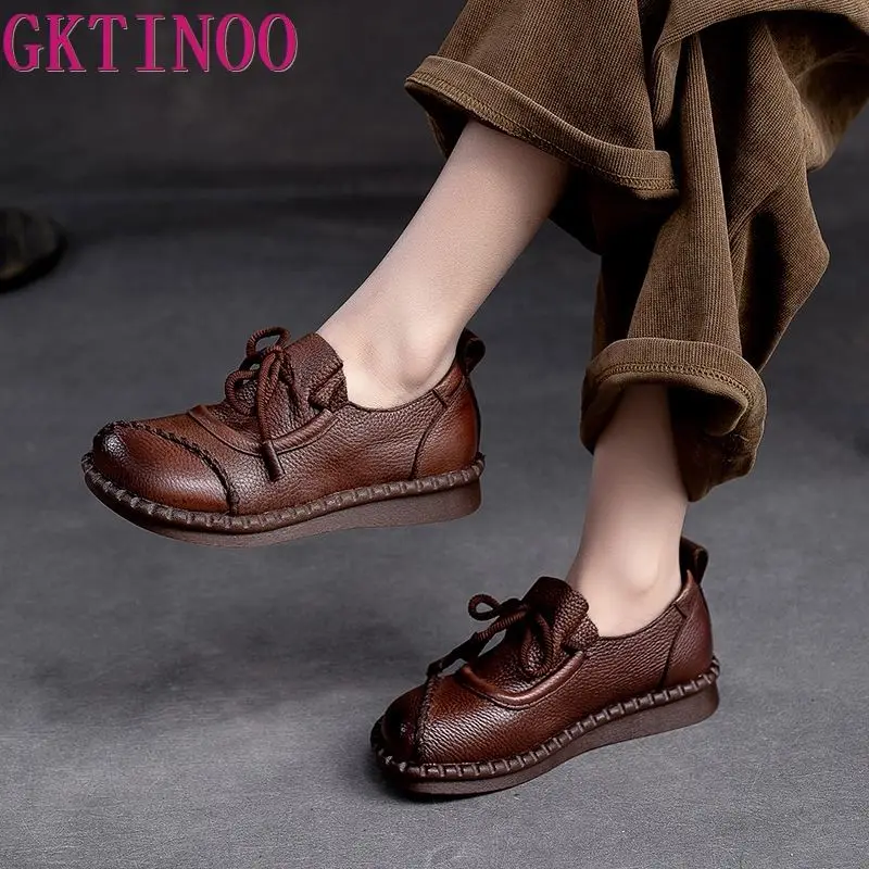 

GKTINOO 2024 New Genuine Leather Flats Women Shoes Round Toe Casual Shallow National Style Soft Handmade Concise Ladies Shoes