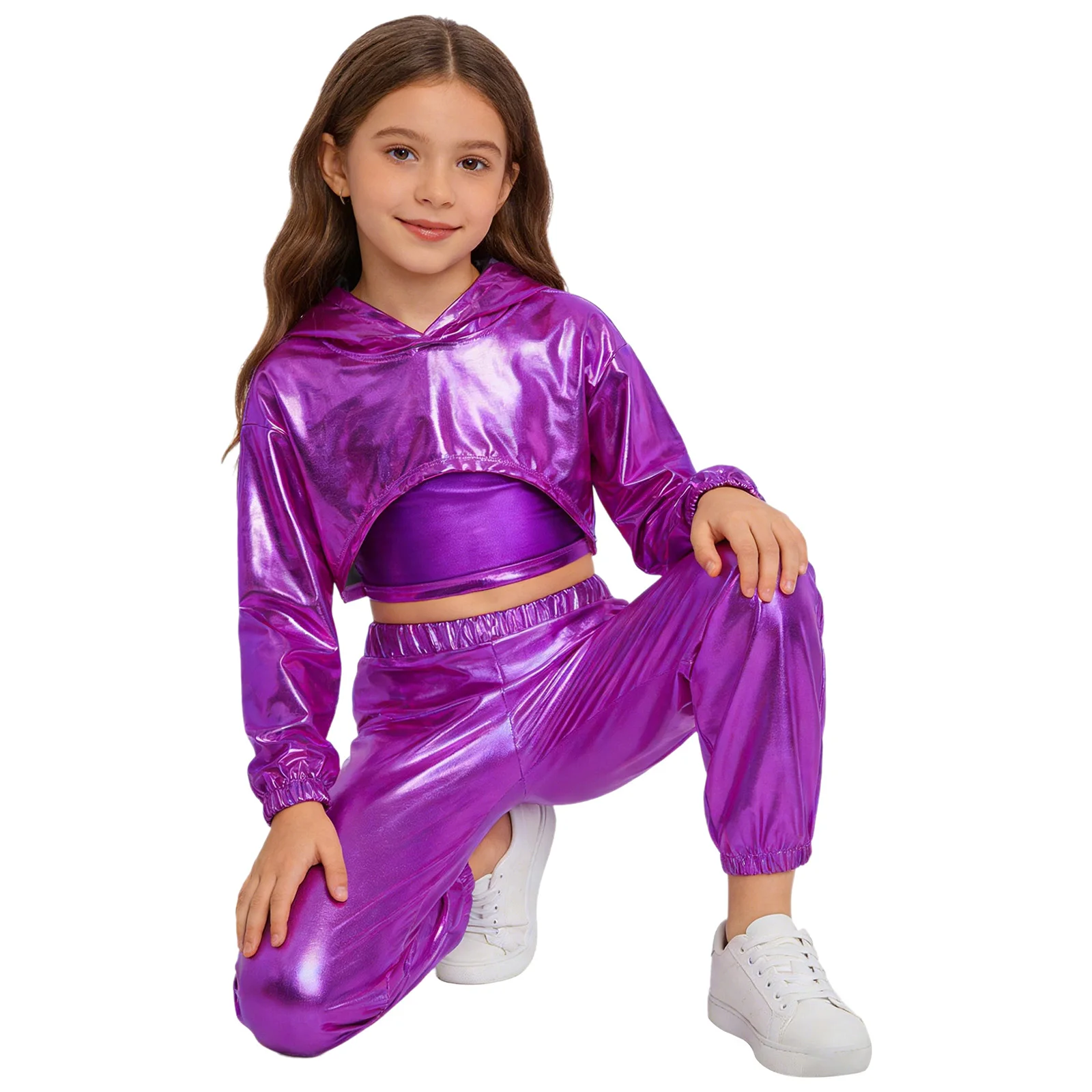 Hip-Hop-Jazz-Tanzkostüm für Kinder und Mädchen, langärmliger, metallisch glänzender, verkürzter Kapuzenpullover mit Spaghettiträgern, Camisole und glänzenden Hosen – Detail 18