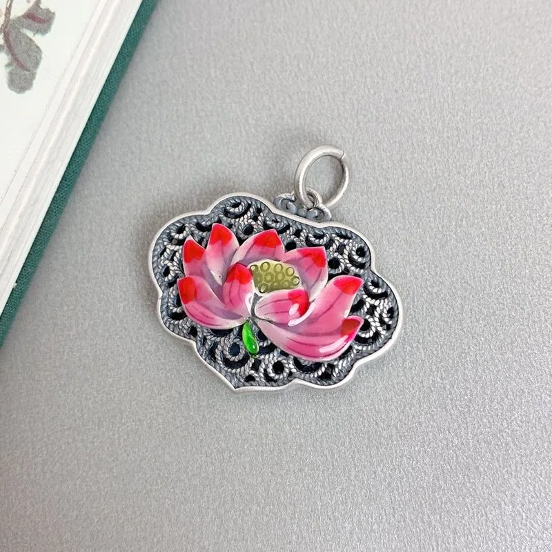 Vintage Enamel Pink Lotus Flower Heart Sutra Necklace for Women