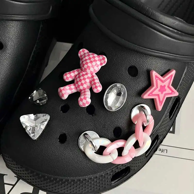 Y2K INS Pink Grid Bear Plush Star Set Rhinestone Shoe Charms for