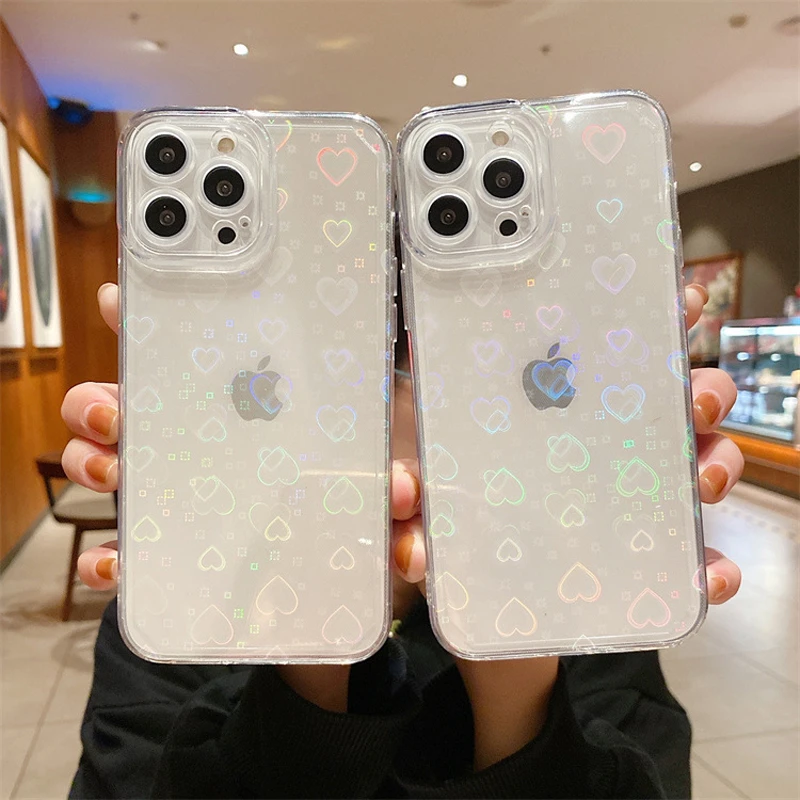 iphone 13 phone case Fashion Gradient Laser Love Heart Pattern Clear Phone Case For iPhone 13 12 11 Pro X XS Max XR 8 7 Plus SE2020 Shockproof Cover iphone 13 leather case