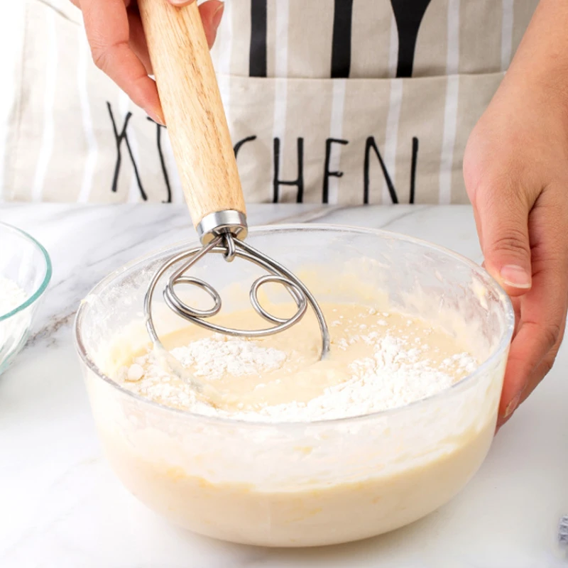Zackoo Wooden Handle Kneading Doutch Dough Whisk 304 Stainless Steel Coil Flour Mixer Cream Butter Batter Stirring Stick Tools
