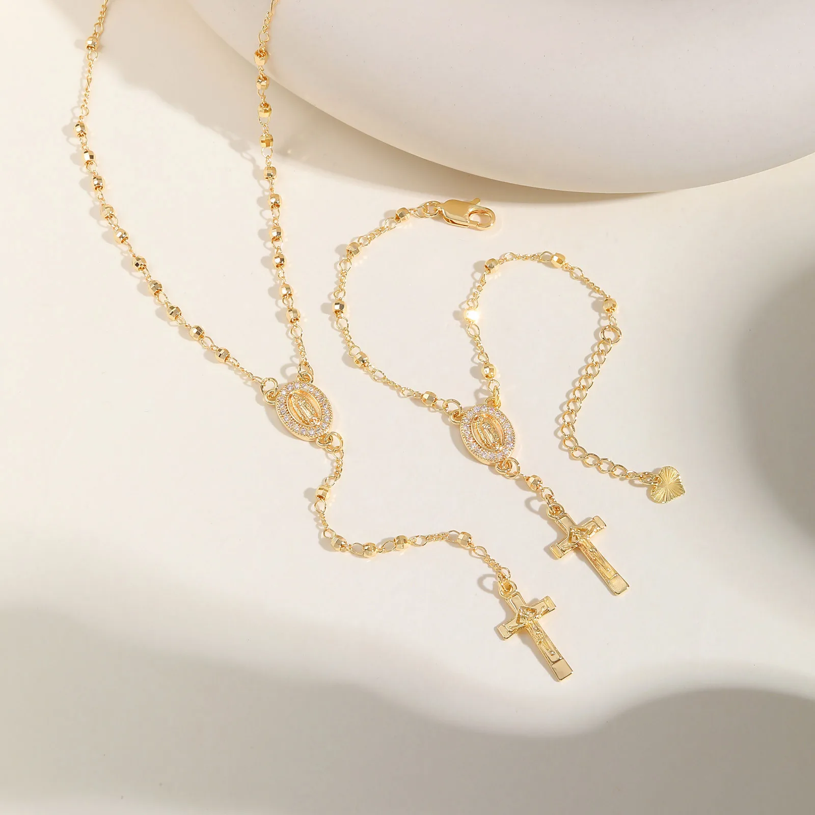 Vnox Jungfrau Maria Armbänder Halsketten für Frauen Männer, zarte Jesus Kreuz Anhänger, christlich katholische Hand Hals Schmuck Set Geschenke