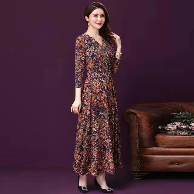 

YIHUA Women's V Neck Three Quarter Sleeve Long Dress Ladies Floral Print A Line