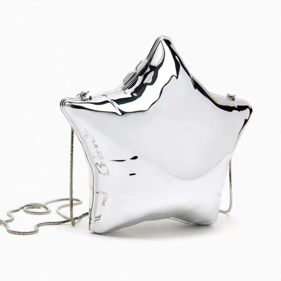 

Niche Design Gold And Silver Chain Women's Evening Bag 2024 New Bright Face Five Pointed Star Shoulder Bag Funny Party Bag