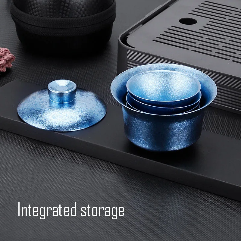 90ml Gaiwan Set,1Gaiwan+4Teacup +1Storage Bag,Double Layer Pure Titanium,Heat Proof,Corrosion Resistant,Portable Outdoor Tea Set