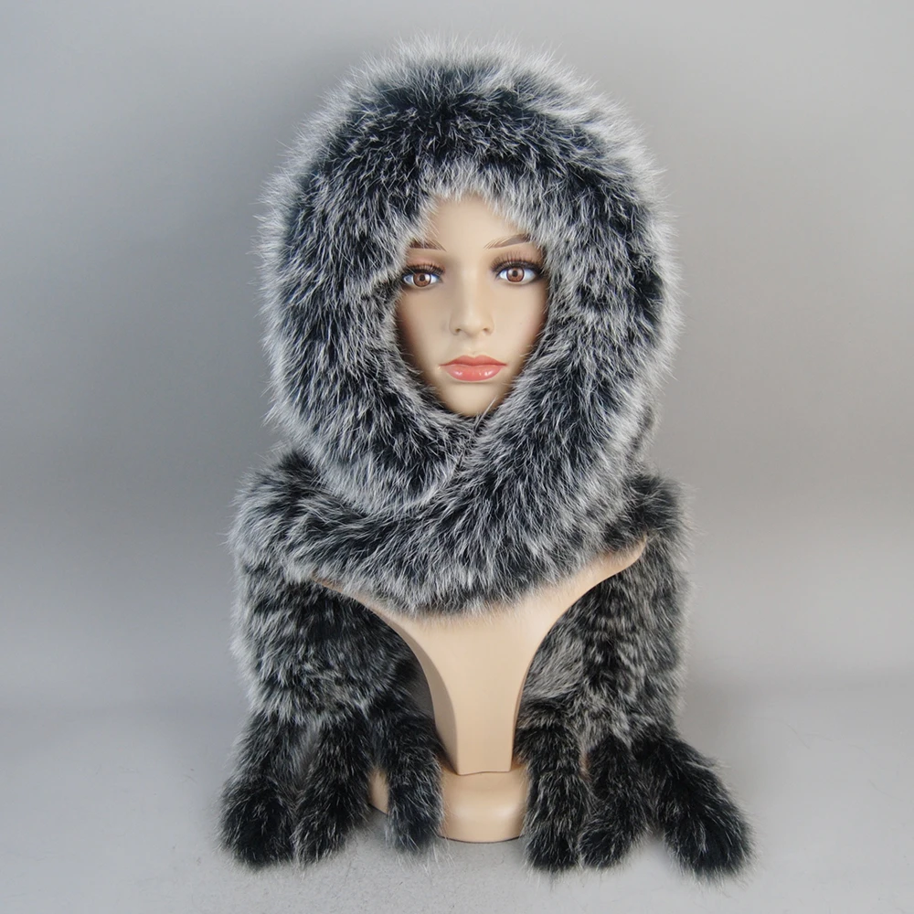 Women Natural Fox Fur Hats&Scarves Lady Warm Fluffy Real Fox Fur Hat&Scarf Luxury Knit Genuine Hooded Scarfs 2025 New Winter