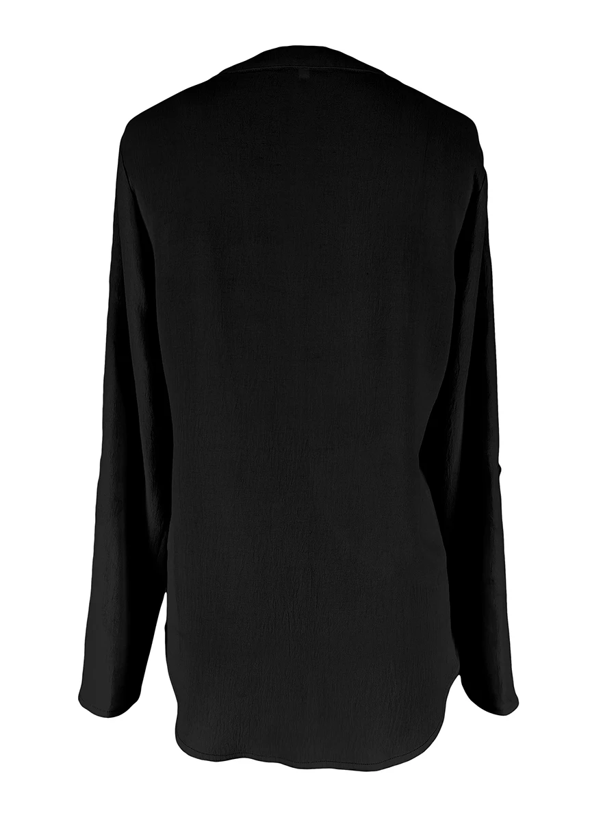 Chemisier élégant pour femme à col en V, manches longues retroussables, haut décontracté de couleur unie, chemise de travail ample pour le bureau, tunique féminine