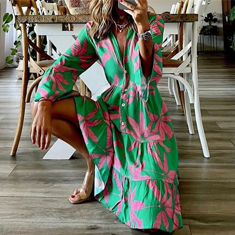 Elegant Boho Print Dress Women V-neck Flare Sleeve Casual Loose A-line Dress 2023 Spring Ladies Vacation Shirt Dresses Vestidos