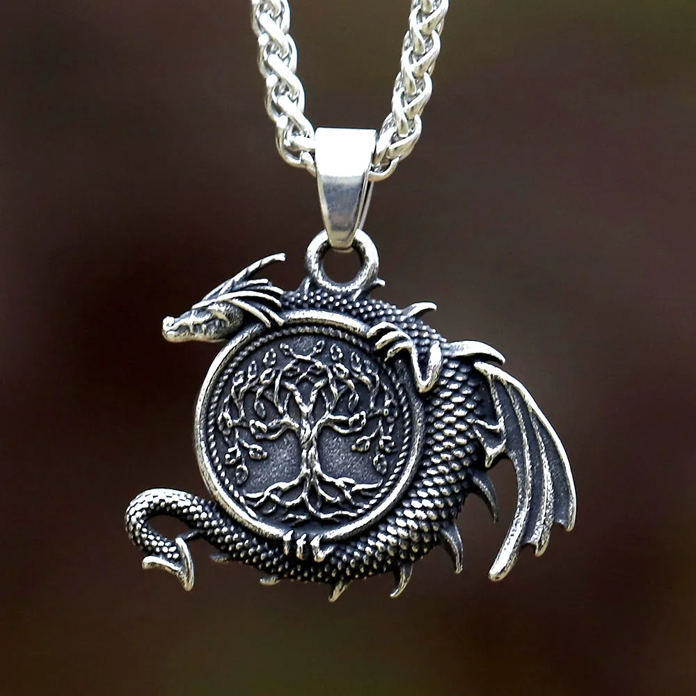 2023 New Arrival Viking Nordin Tree of Life and dragon Pendant Vintage Stainless Steel Necklace animal Jewelry for Gift