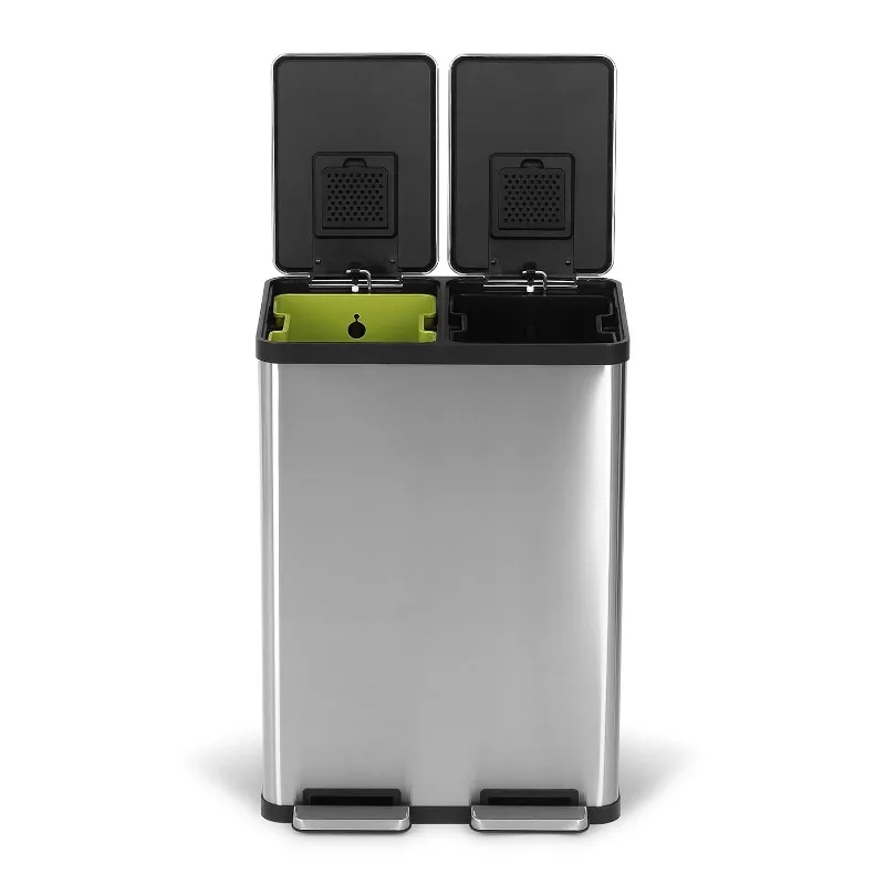 SIMPLI-MAGIC 60 Liter / 16 Gallon Rectangular Hands-Free Dual Compartment Recycling Kitchen Step Trash Can with Soft-Close Lid