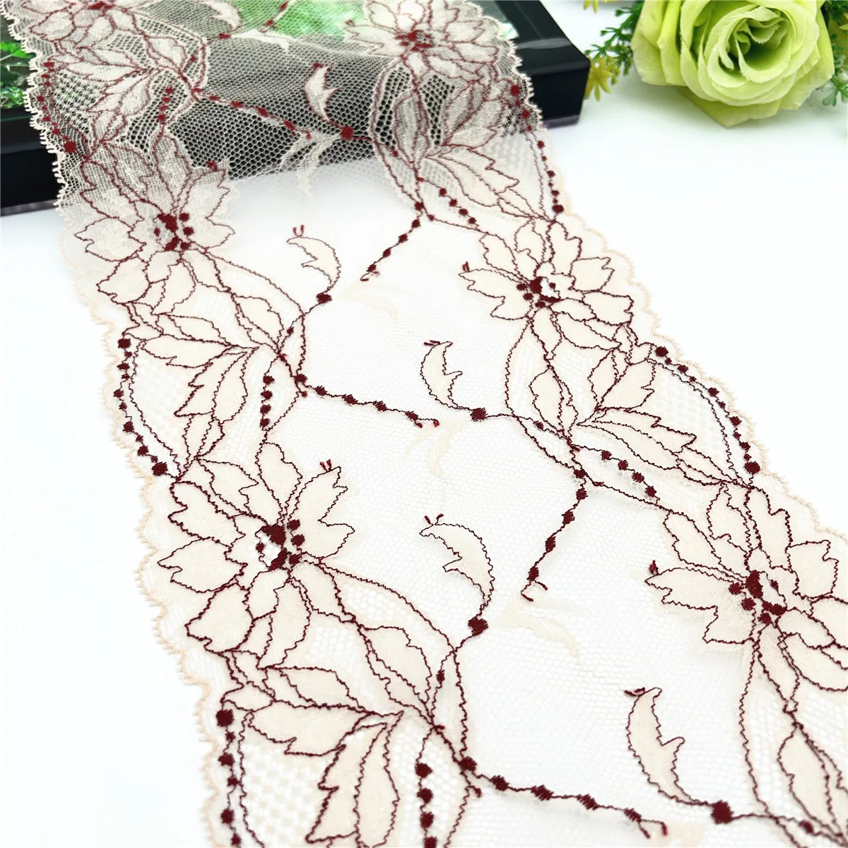 3y/lot Width 17cm 2-Tone Shiny Apricot Dark Red Elastic Stretch Lace Trim 4